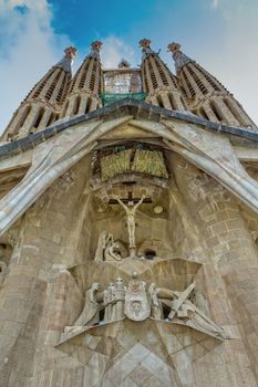Frontal view of "La Sagrada Familia". Picture without cranes, cleaned digitally. Barcelona of Spain 05 Juny 2012
