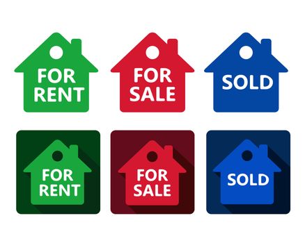 set of real estate house icon red green and blue houses with text for rent sold for sale in simple flat design on rounded square with shadow and isolated on white background 