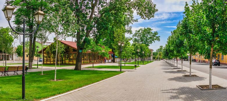 Izmail, Ukraine 06.07.2020. Suvorov Avenue in the city of Izmail, Ukraine, on a sunny summer day