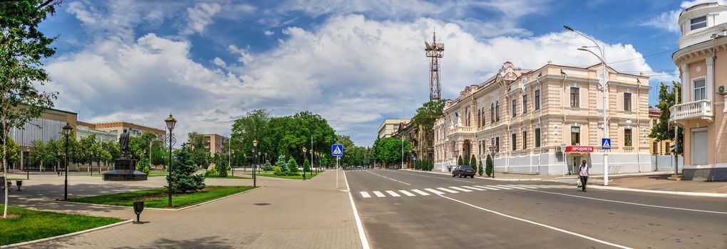 Izmail, Ukraine 06.07.2020. Suvorov Avenue in the city of Izmail, Ukraine, on a sunny summer day