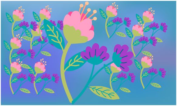 digital textile design of flowers and leaves on abstract background