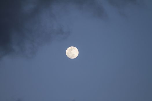 Full moon just risen in the dark blue sky with some gray clouds