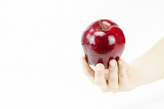 Hand of a young woman holding a red apple like the one offered by the witch to Snow White on white background