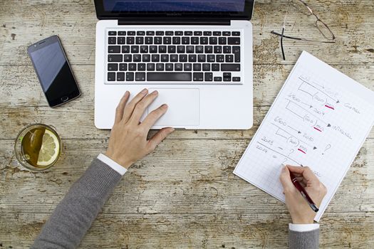 Business woman shooting from above working on laptop on wooden table with a cup of tea while taking notes on a notepad