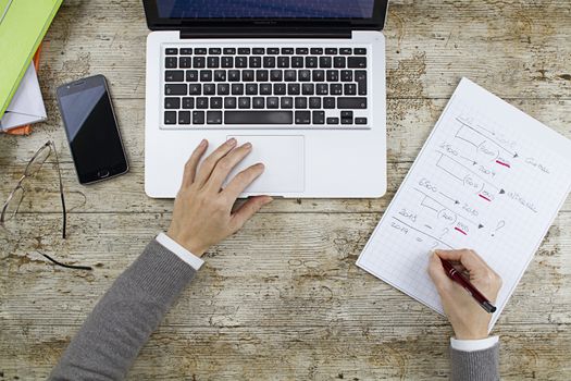 Business woman shooting from above working on laptop on wooden table with while taking notes on a notepad