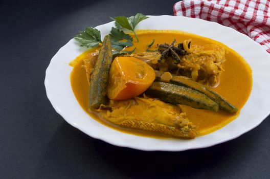 Spicy and tasty fish curry dish, Traditional Malaysian cuisine. Selective focus.