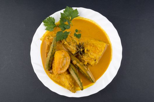 Spicy and tasty fish curry dish, Traditional Malaysian cuisine. Selective focus.