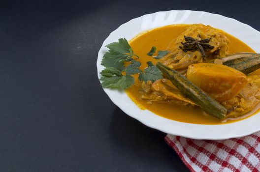 Spicy and tasty fish curry dish, Traditional Malaysian cuisine. Selective focus.