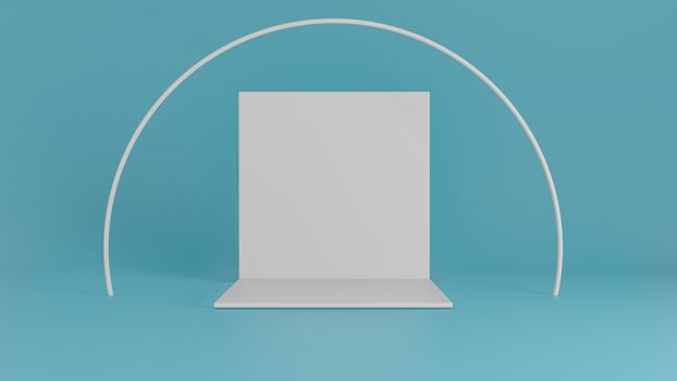 White backdrop stage with circle in room with blue wall. 3D render