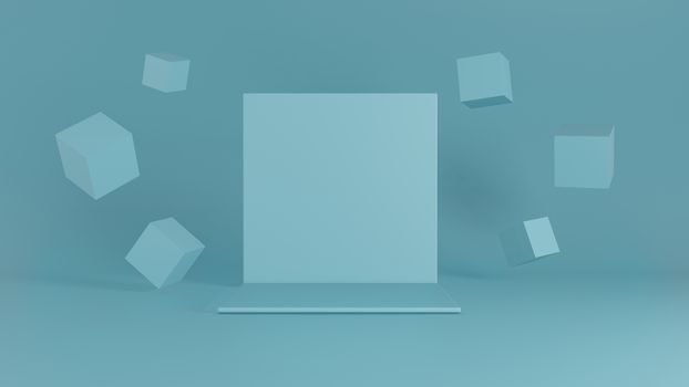 Blue backdrop stage with box decoration in room with blue wall. 3D render