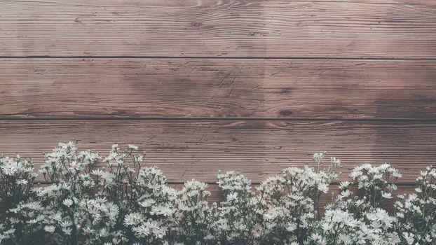 garden spring white tiny flowers on wooden plank table background with copy space, retro color style