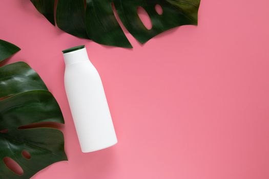cosmetic nature skincare concept. white cosmetic bottle container with blank label for branding mock up, decorate with green tropical leaves on pink background with copy space