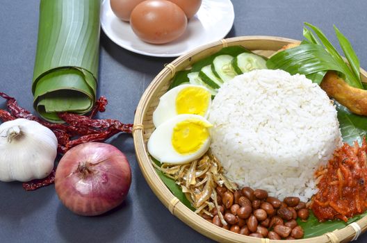 Nasi Lemak is a commonly found food in Malaysia, Brunei and Singapore. It is also an unofficial national food in Malaysia. Selective focus.