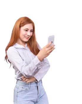 Asian woman using mobile smartphone for selfie ,video chat , face time or video call with smiling face. studio shot isolated on white background with clipping path