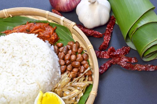 Nasi Lemak is a commonly found food in Malaysia, Brunei and Singapore. It is also an unofficial national food in Malaysia. Selective focus.