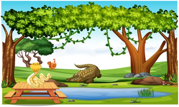 animals are playing in a forest and drinking water