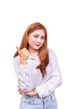 cheerful Asian woman looking at the camera with happy expression. showing thumbs-up with one hand, body language for like emotion. isolated on white background with clipping path, studio shot