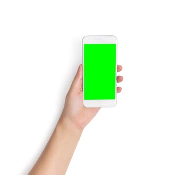 hand holding white mobile smart phone with blank green screen isolated on white background with clipping path on green screen and background, studio shot