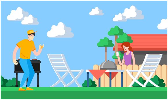 man is cooking food for his wife in home garden