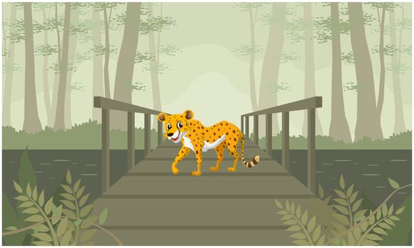tiger is walking on a wooden bridge in the forest