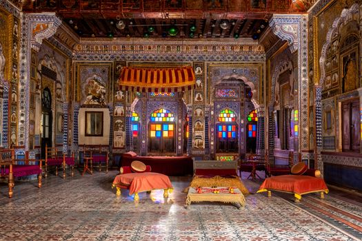 Takhat Vilas (Maharaja Takhat Singh's Chamber) decorated room in Mehrangarh fort. Jodhpur, Rajasthan, India