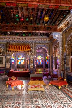 Takhat Vilas (Maharaja Takhat Singh's Chamber) decorated room in Mehrangarh fort. Jodhpur, Rajasthan, India