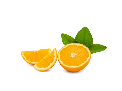 a group of fresh orange fruits with green leaves, isolated on white background with clipping path. fruit product display or montage, studio shot