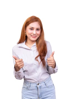 cheerful Asian woman looking at the camera with happy expression. showing thumbs-up with both hands, body language for like emotion. isolated on white background with clipping path, studio shot