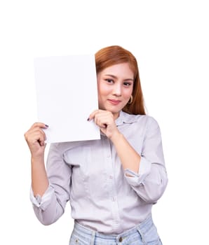 smiling Asian woman holding blank white banner, business sign board  paper with clipping path. studio portrait of beautiful female model with long hair