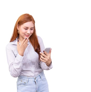 cheerful cute beautiful young Asian woman chatting with friend in social network by mobile phone ,feeling surprised isolated on white background with clipping path