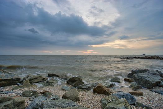 Peaceful beach view and waves during sunset at Jeram, Kuala Selangor Malaysia