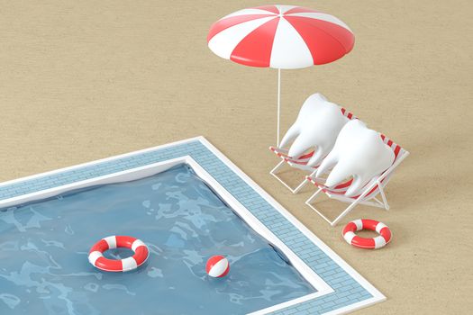 Cartoon tooth on holiday, swimming pool aside, 3d rendering. Computer digital drawing.