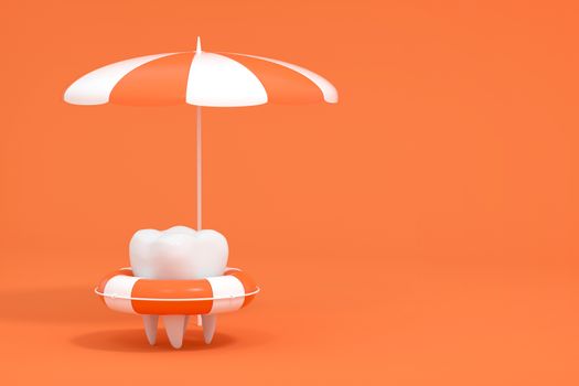 Cartoon tooth on holiday, tooth care concept, 3d rendering. Computer digital drawing.