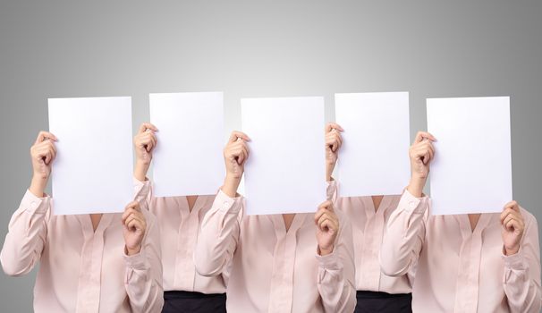 five Asian business woman cover her face with blank empty white paper for hide emotion