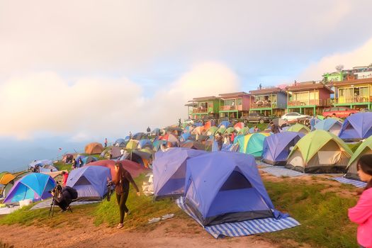  tourist With tents and accommodation for tourists who come to relax and watch the fog in the morning at Phu Thap Berk. : October 29,2016 ,Phu Tubberk, Phetchabun Province, Thailand.