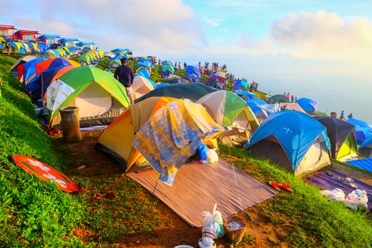  tourist With tents and accommodation for tourists who come to relax and watch the fog in the morning at Phu Thap Berk. : October 29,2016 ,Phu Tubberk, Phetchabun Province, Thailand.