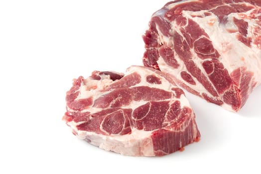 Slice of fresh raw pork meat on white background