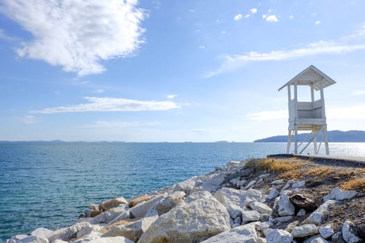 White pavilion with mountain views And the beautiful sea, famous landmark of Khao Laem Ya National Park, Rayong Province.