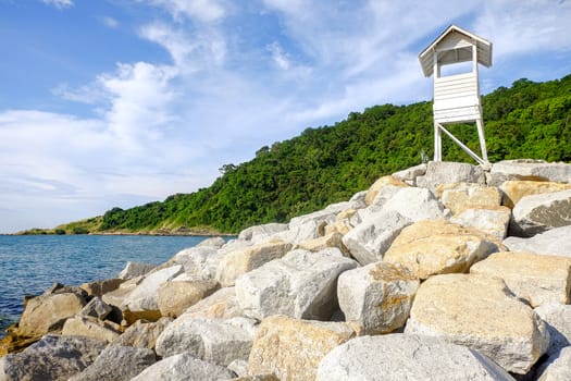 White pavilion with mountain views And the beautiful sea, famous landmark of Khao Laem Ya National Park, Rayong Province.