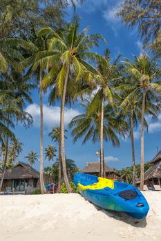 summer vacation with activity on tropical beach concept. colorful kayak boat on white sand beach with coconut palm tree at background.