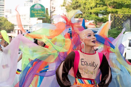 PATTAYA, THAILAND - FEBRUARY 9, 2019: LGBT oriented people wear cloth write equality now take part in Pattaya Pride Rainbow Festival Parade, in Pattaya, Thailand on February 9, 2019