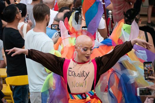 PATTAYA, THAILAND - FEBRUARY 9, 2019: LGBT oriented people wear cloth write equality now take part in Pattaya Pride Rainbow Festival Parade, in Pattaya, Thailand on February 9, 2019