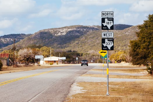 A highway road sign near Bandera in Texas, USA