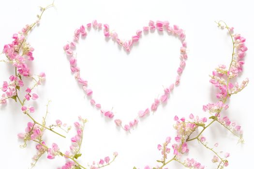 flat lay of floral heart made from pink flowers isolated on white background with pink flower border frame, top view. flower creative composition