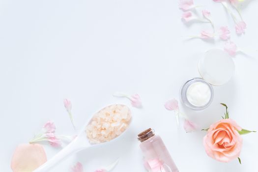 skin care concept. flat lays of skincare remedies style in package with blank label with natural materials isolated on white background