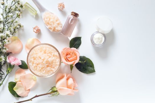 skin care concept. flat lays of skincare remedies style in package with blank label with natural materials isolated on white background