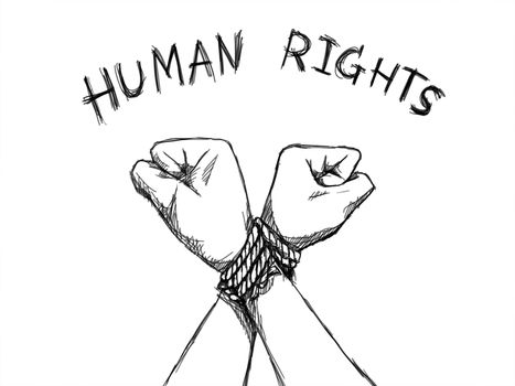 Human Rights Day concept. illustrator sketching of human hands were tied with a rope with text human rights