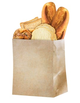 Isolate bakery, bread and shopping paper bag on white background