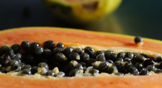 Close up of half a papaya fruit with black seeds.