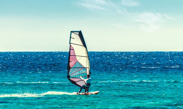 young surfer girl rides a sail in the Red Sea in Sharm el Sheikh